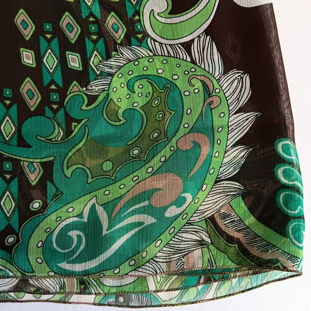 Verene Infinity Scarf Green Paisley on Brown Chiffon Made in The USA